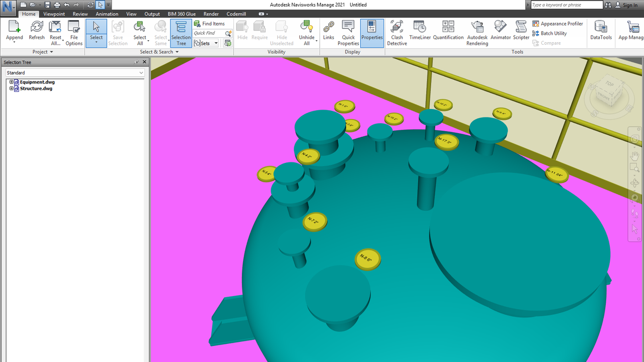 Plant 3D equipment with generated nozzle tags, viewed in Navisworks