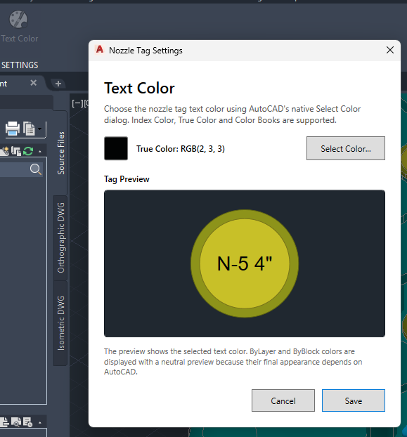 Nozzle Tag Settings window with text color and preview